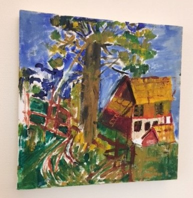 Tavla med träd och bondgård