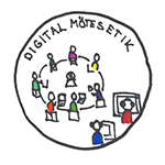 Illustration av ett möte runt ett bord samt två som sitter en bit ifrån vid datorer. 